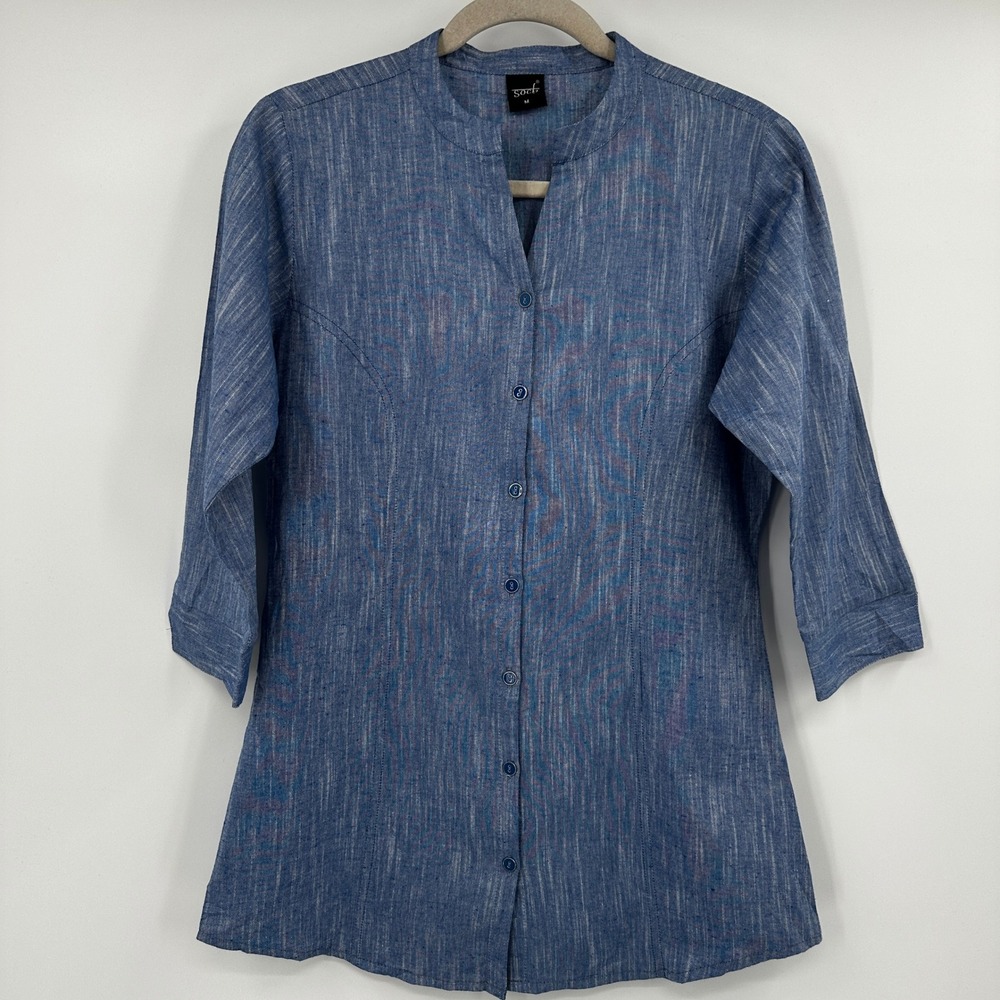 Soch Blue Slub Texture Mandarin Collar Button Front Tunic Top Women Medium Kurti